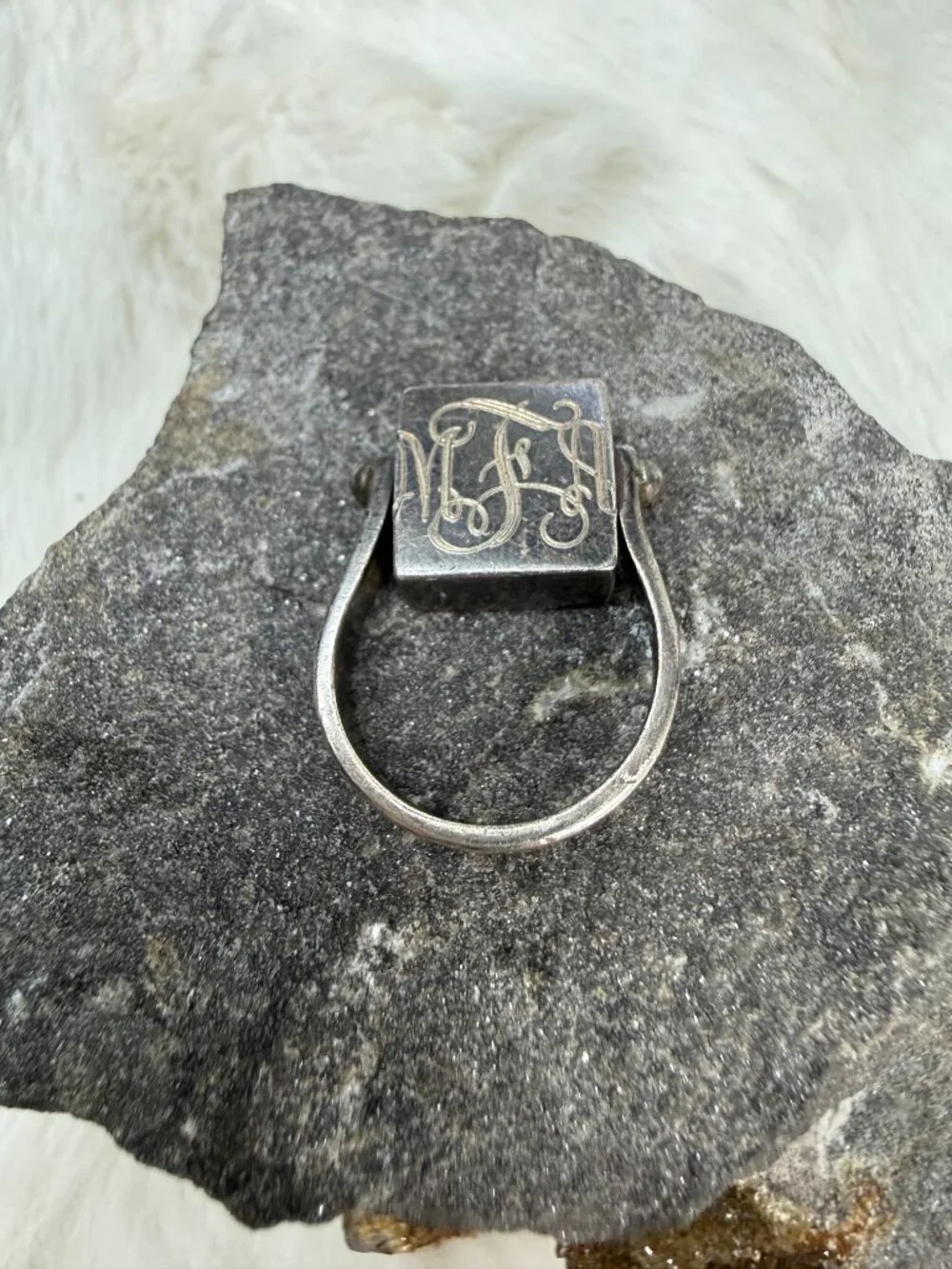 Vintage Sterling Silver Etched Palm Tree & Monogram Spin Ring Size 5.75